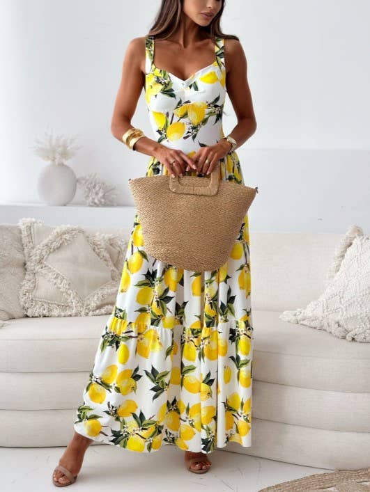 Vibrant Summer Lemon Print Maxi Dress