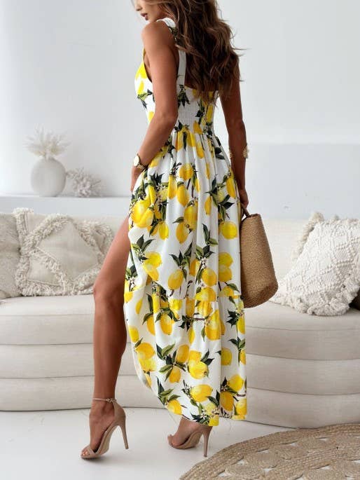Vibrant Summer Lemon Print Maxi Dress