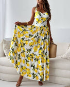 Vibrant Summer Lemon Print Maxi Dress