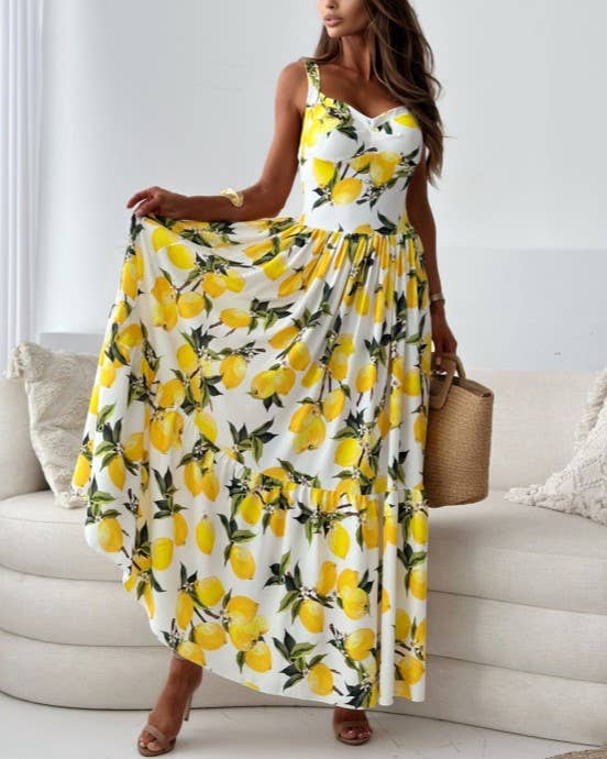 Vibrant Summer Lemon Print Maxi Dress